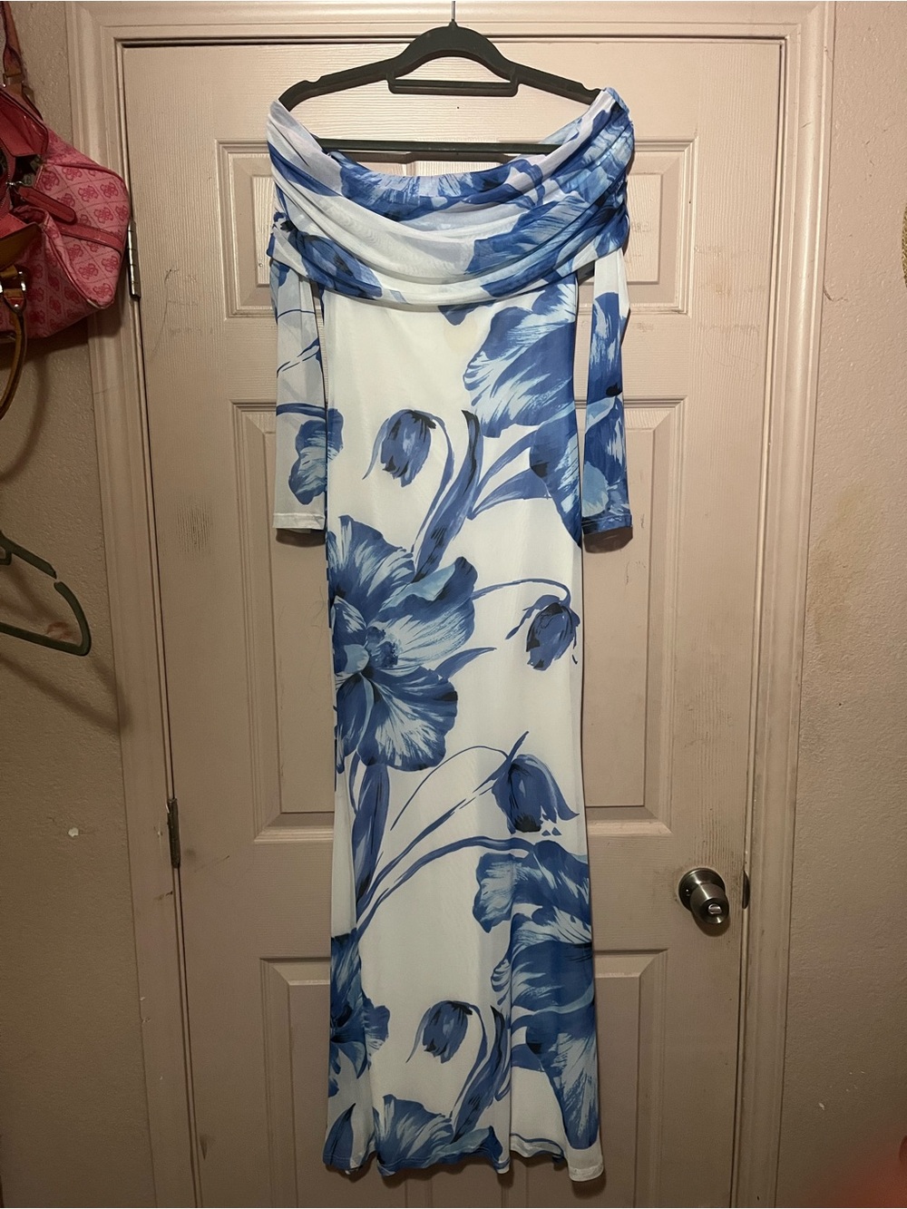 Premier Off-Shoulder White Maxi Dress with Blue Floral Design